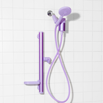 Purple shower head and hose set on a tiled wall background