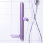 Lilac shower slide bar with a white shower head against a tiled wall background
