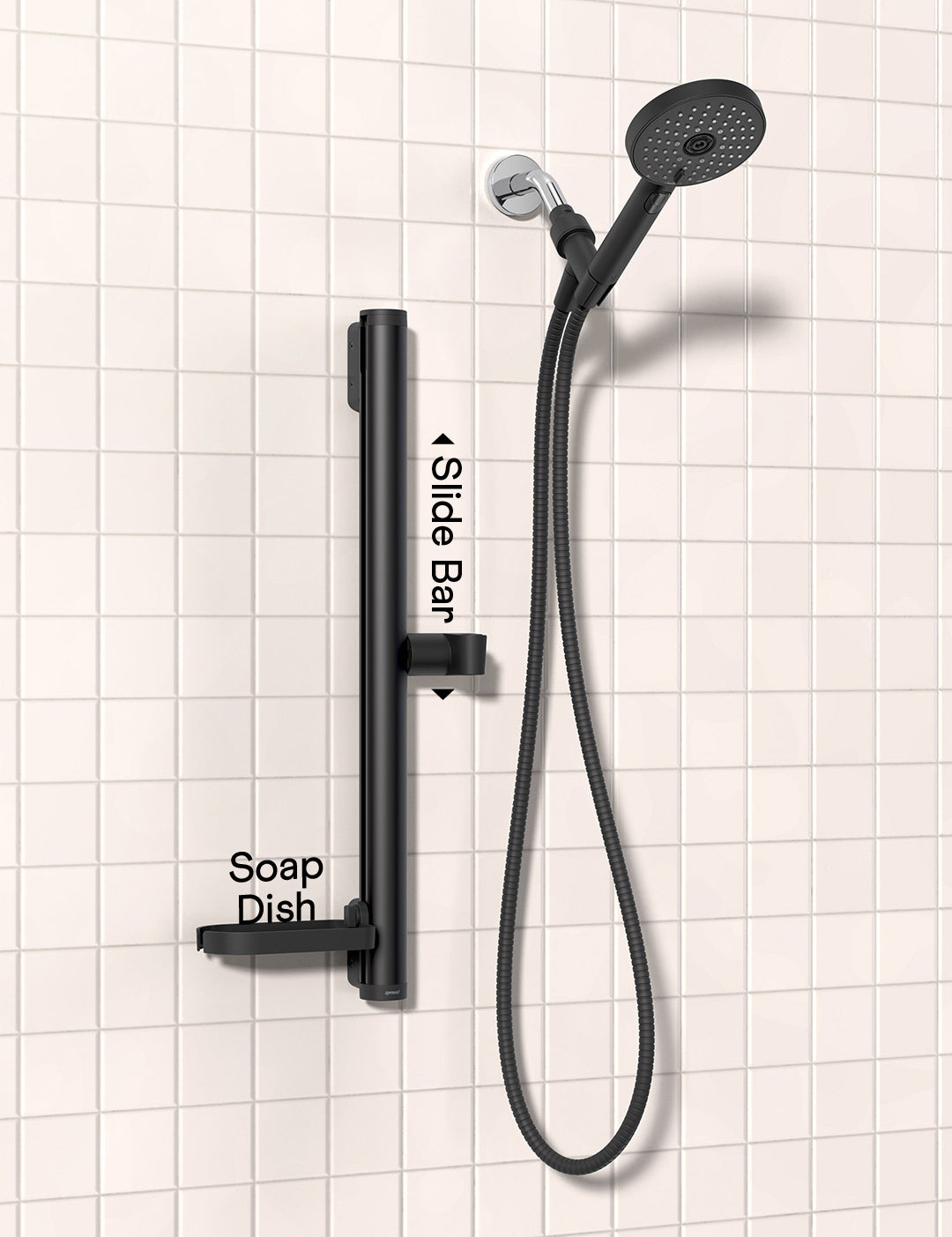 the sproos! Minimalist shower bundle includes the hand shower, slide bar, and soap dish to keep your shower clean and simple.