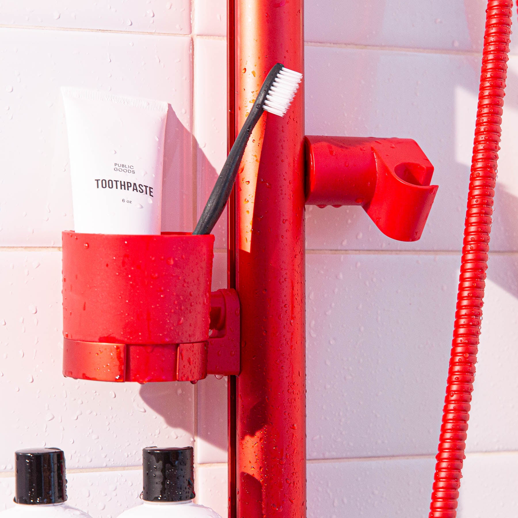 The sproos! shower uses a combination of ABS plastic and anodized aluminum to bring some color to your shower.