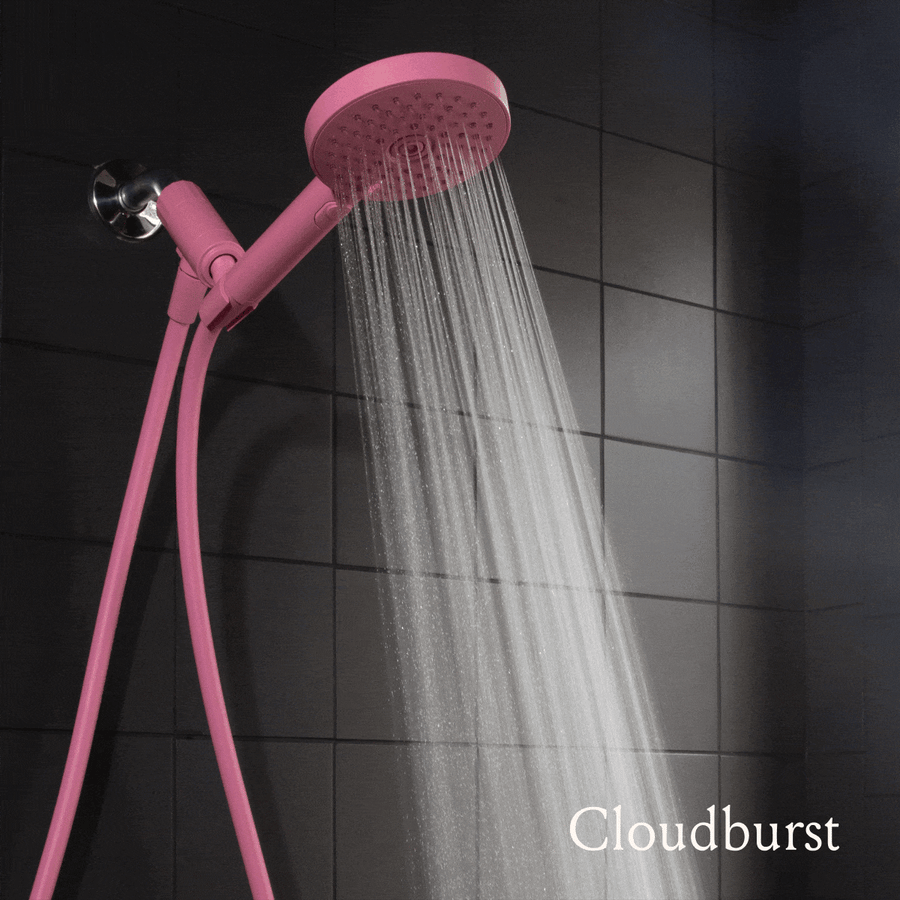 Gif of pink shower head illustrating various shower spray settings 